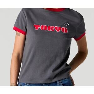 Charlotte Russe Tokyo Graphic Sporty Ringer T-Shirt Size M Grey/Red Women’s